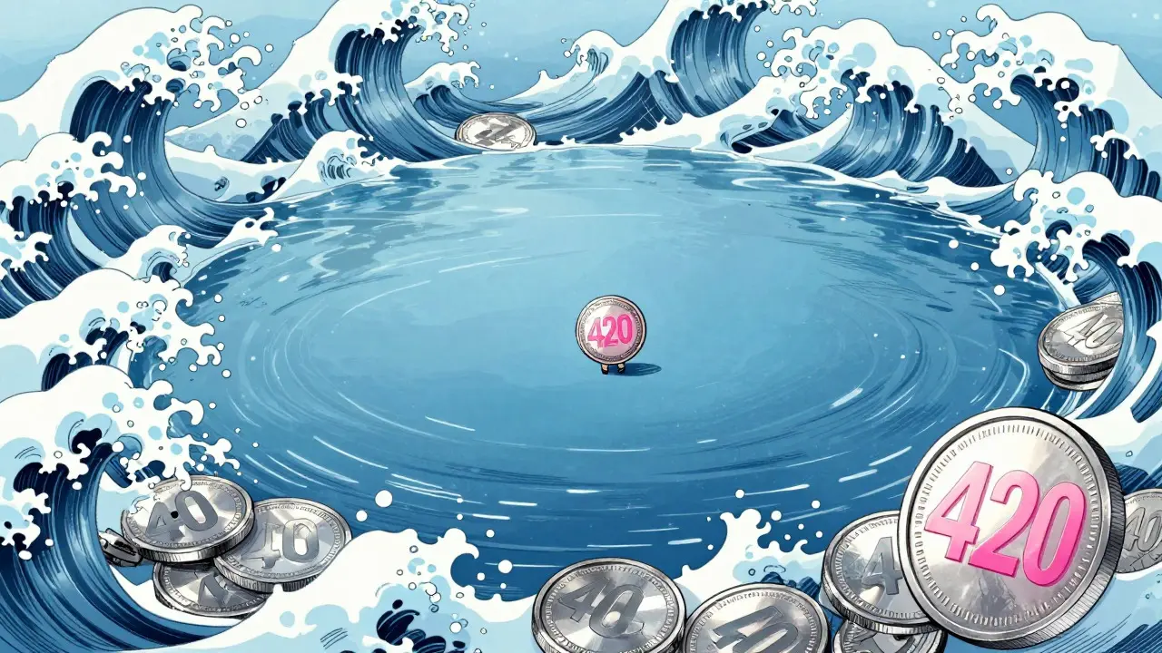 Tiny coin floating in a vast, calm ocean in shoujo manga style