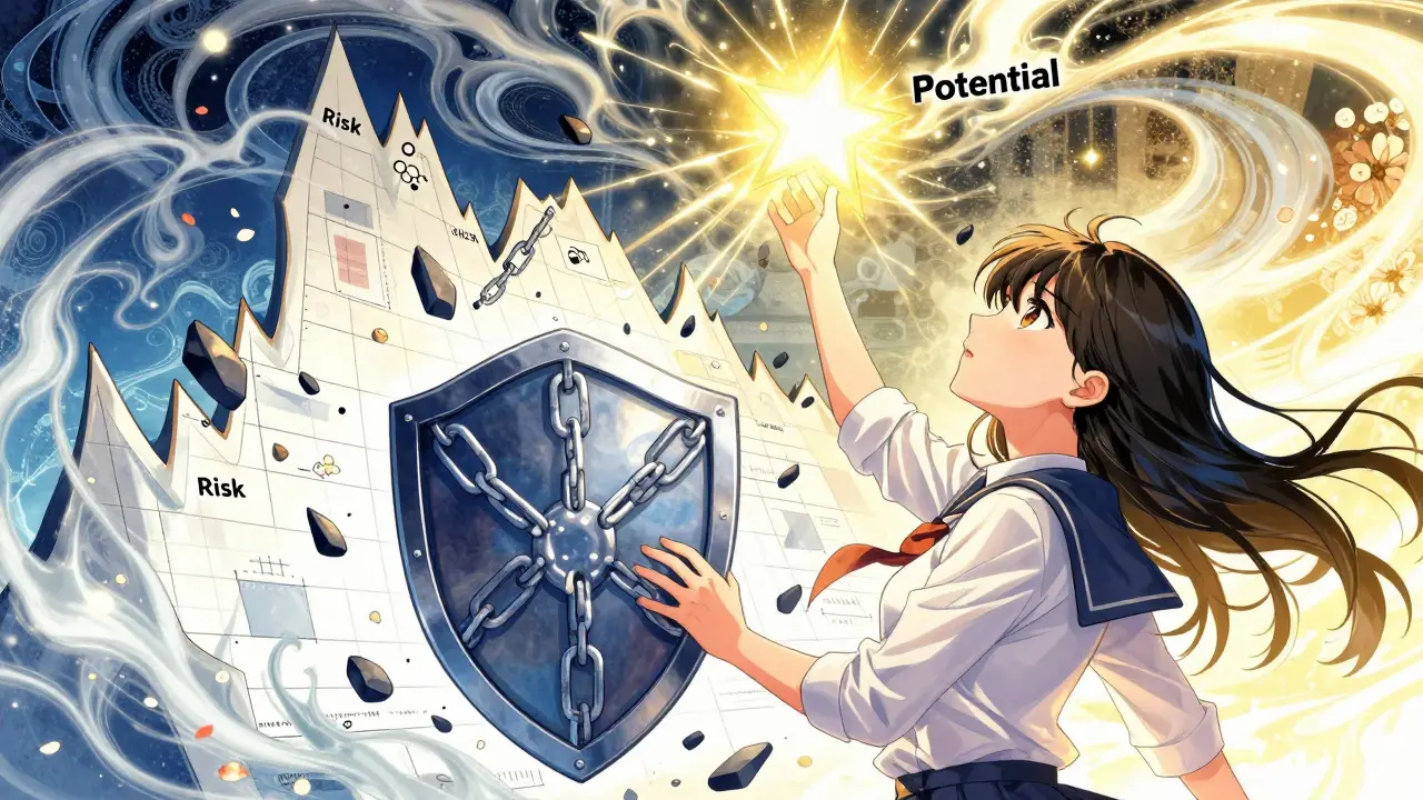 Woman holding a shield against falling rocks near a rising chart in shoujo style