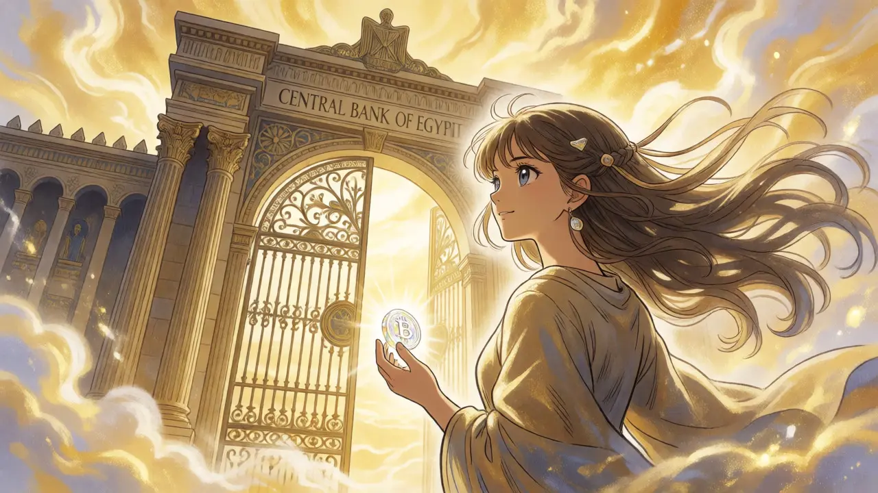 Woman holding glowing coin facing open gates of Central Bank symbolizing regulation
