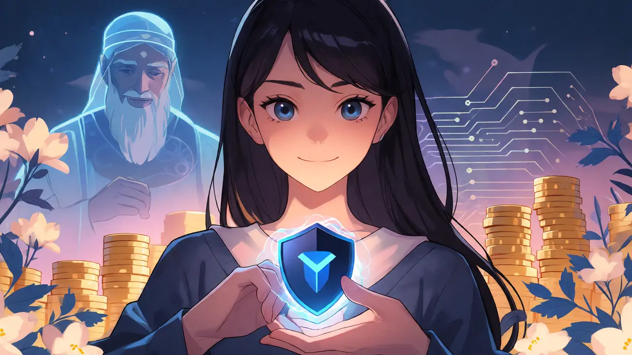 Anime character holding security shield with guardian spirit
