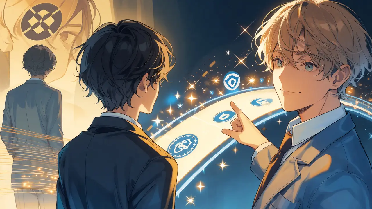 Anime figures crossing a bridge from a faded past to a secure, regulated future