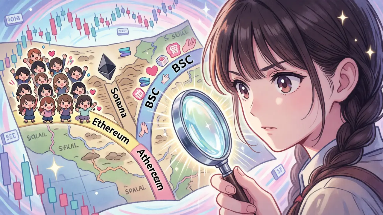 Anime girl choosing between three blockchain paths with magnifying glass