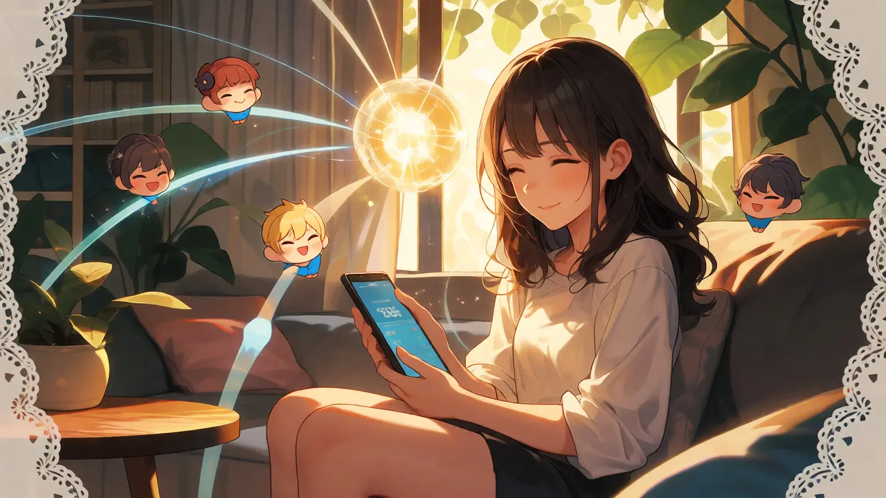 Anime girl relaxing with phone showing rewards in cozy room