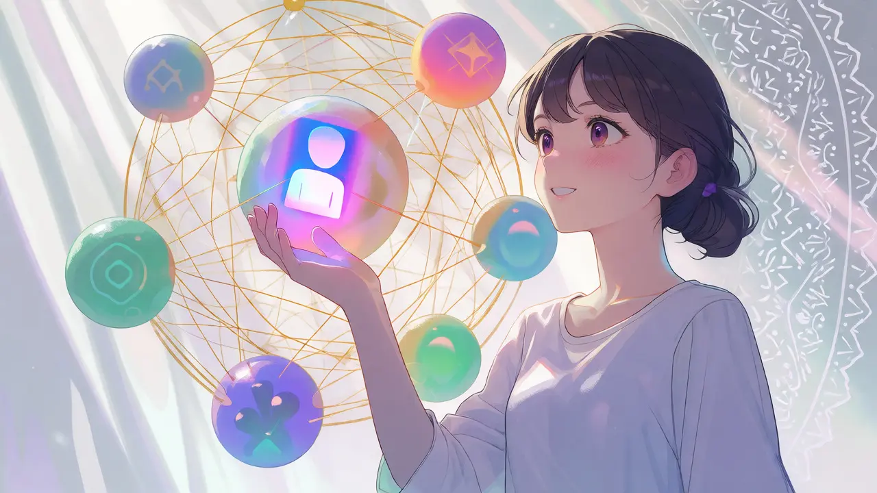 Anime girl viewing unified cross-chain network spheres