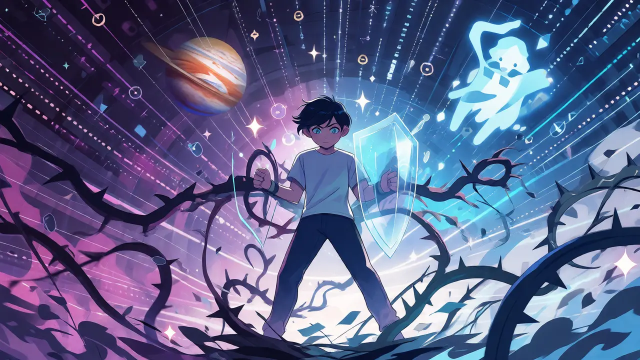Anime heroine defending against scam contracts with a shield in a digital space.