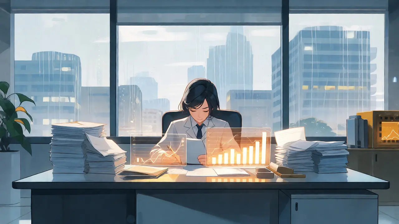 Anime professional reviewing secure financial charts in a calm office.