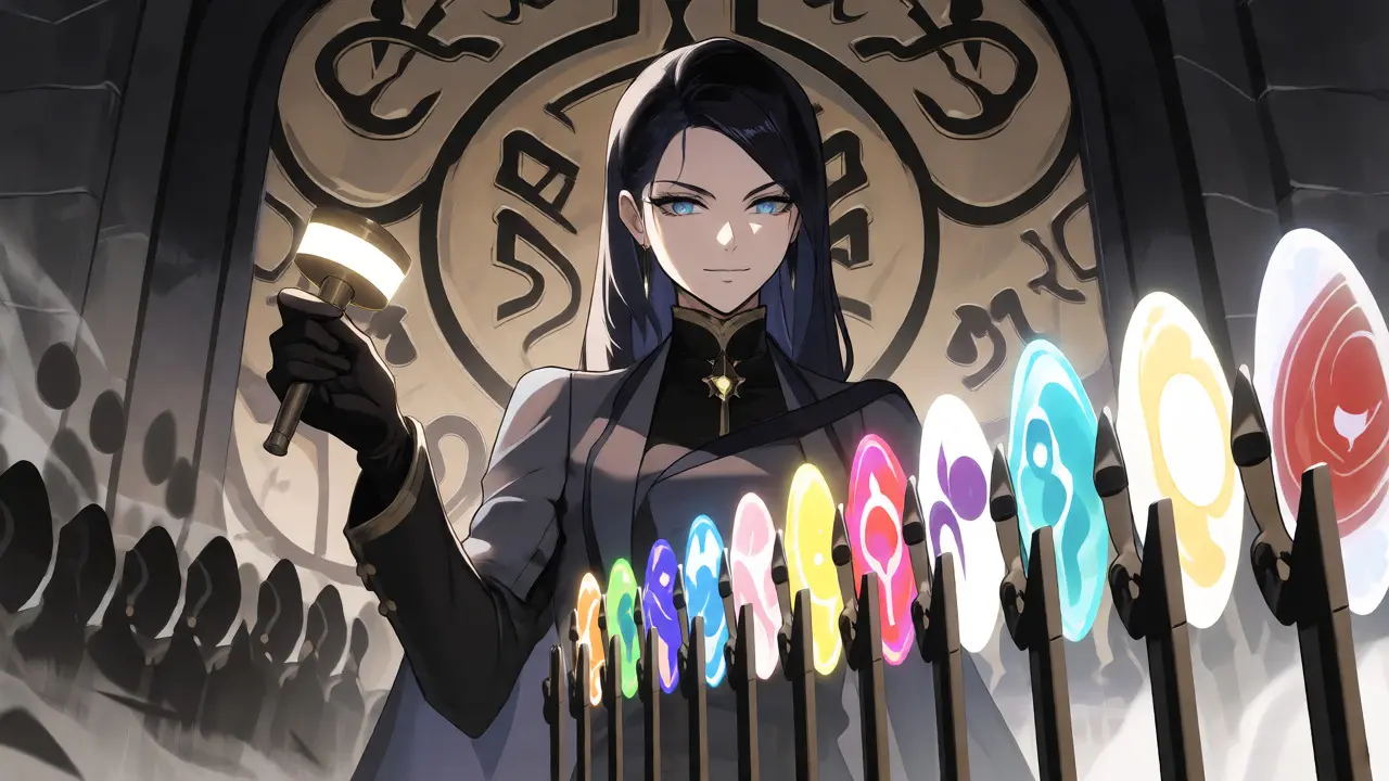 Anime regulator approving glowing token spirits at a strict gate.