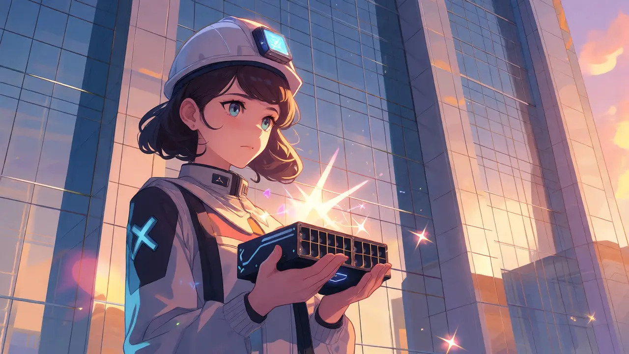 Anime style girl holding mining rig near Astana financial center