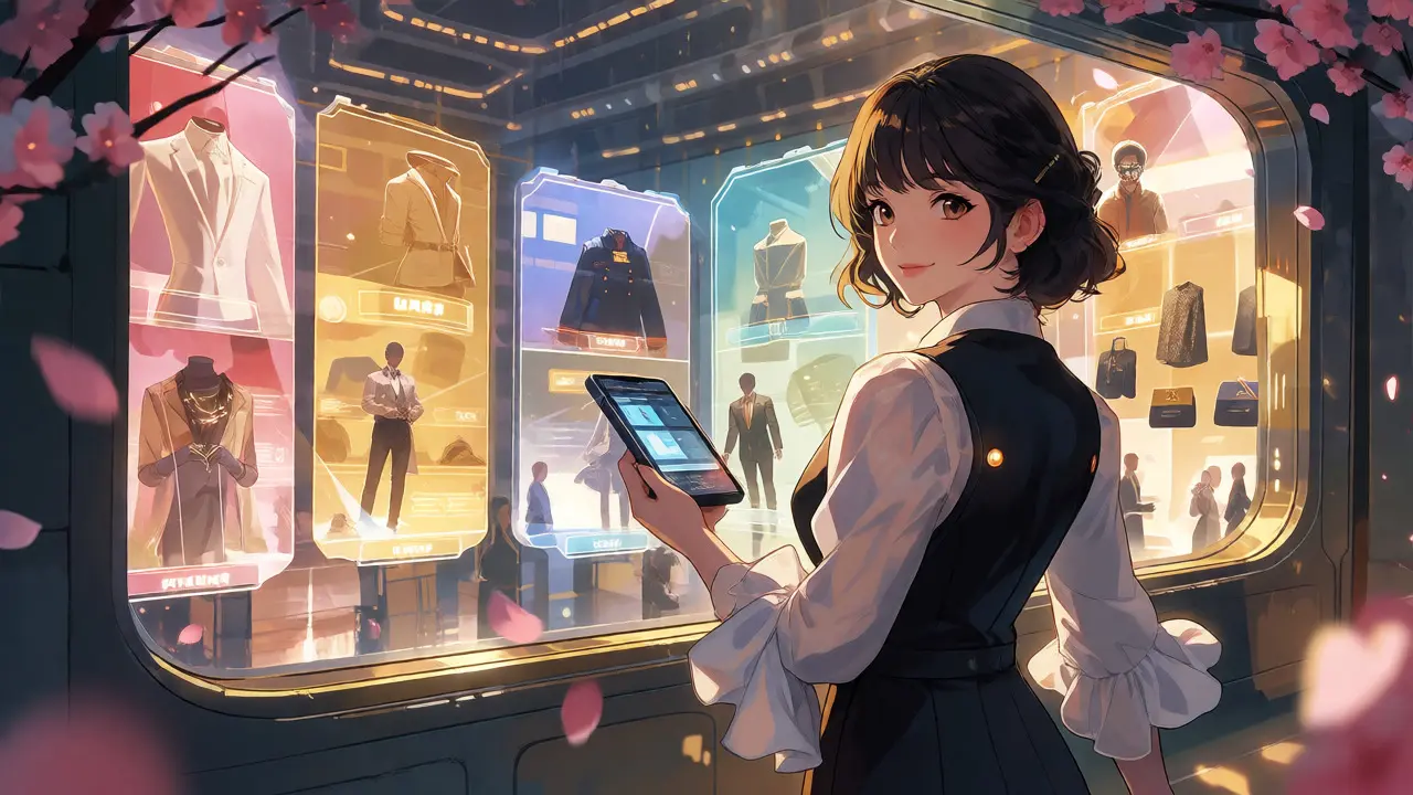 Anime woman observing seamless metaverse asset flow