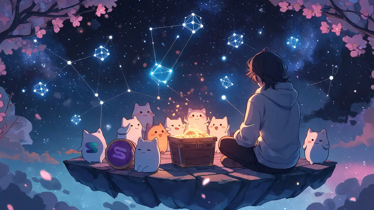 Character sitting under stars with cute blockchain mascots near a glowing chest.