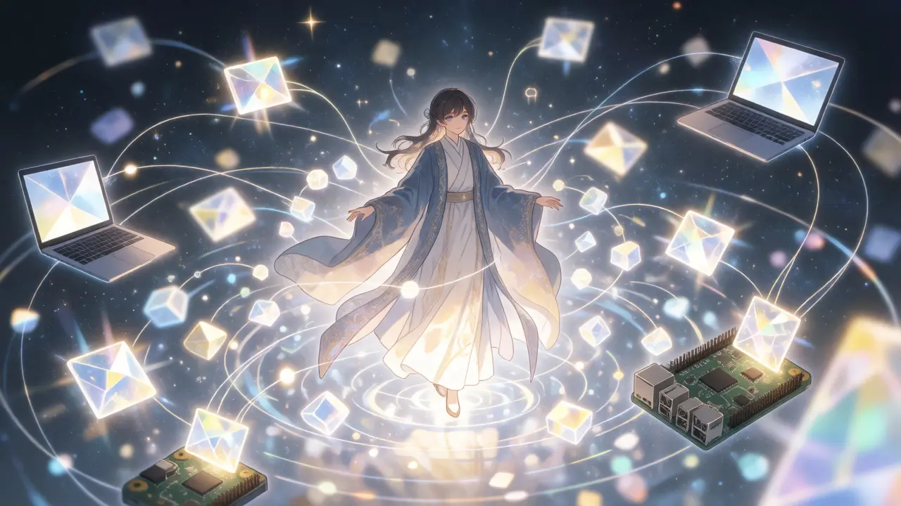 Character surrounded by encrypted data streams