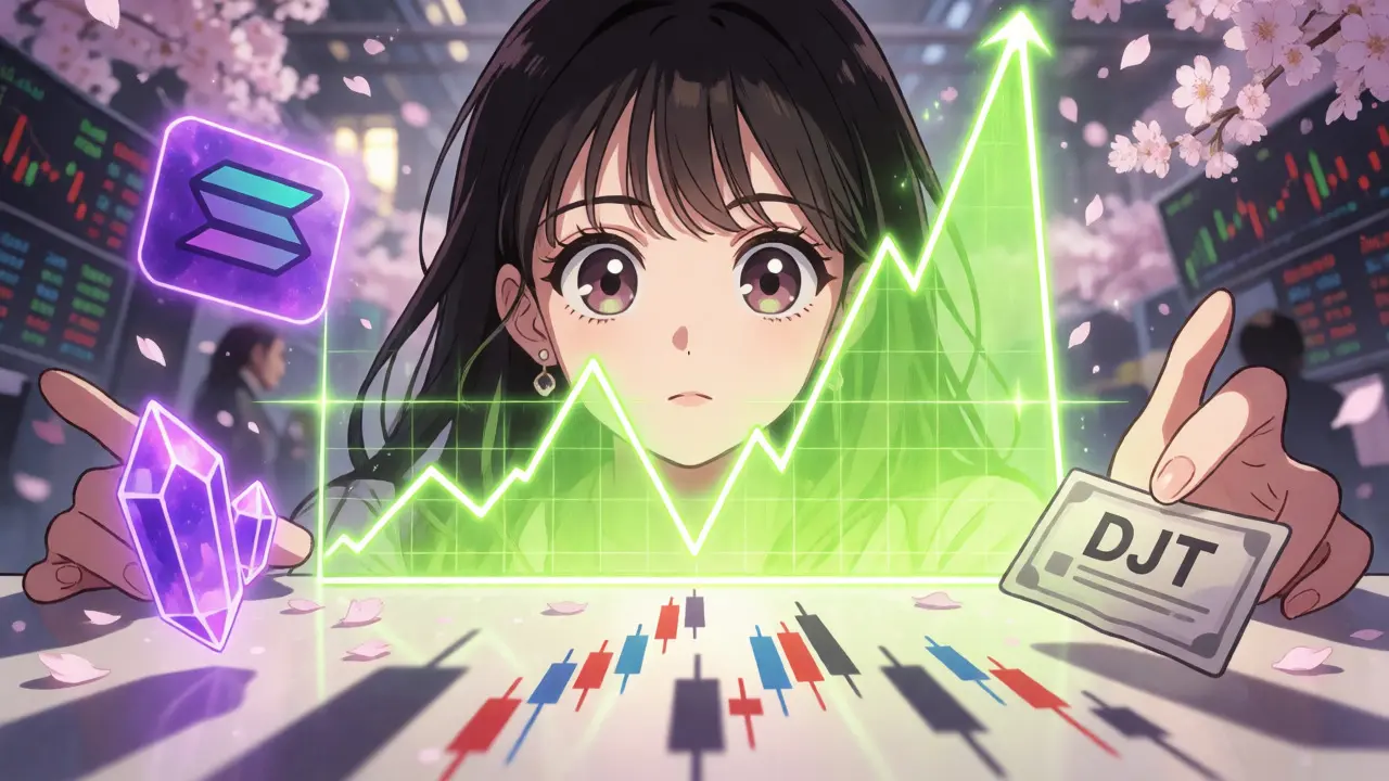 Character watching volatile crypto charts with Solana and DJT symbols in a magical trading room