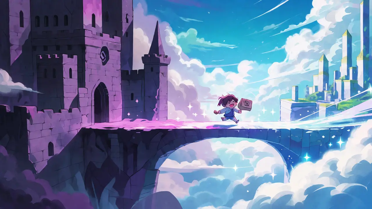 Chibi character moving from Ethereum castle to Base cloud city in shoujo style