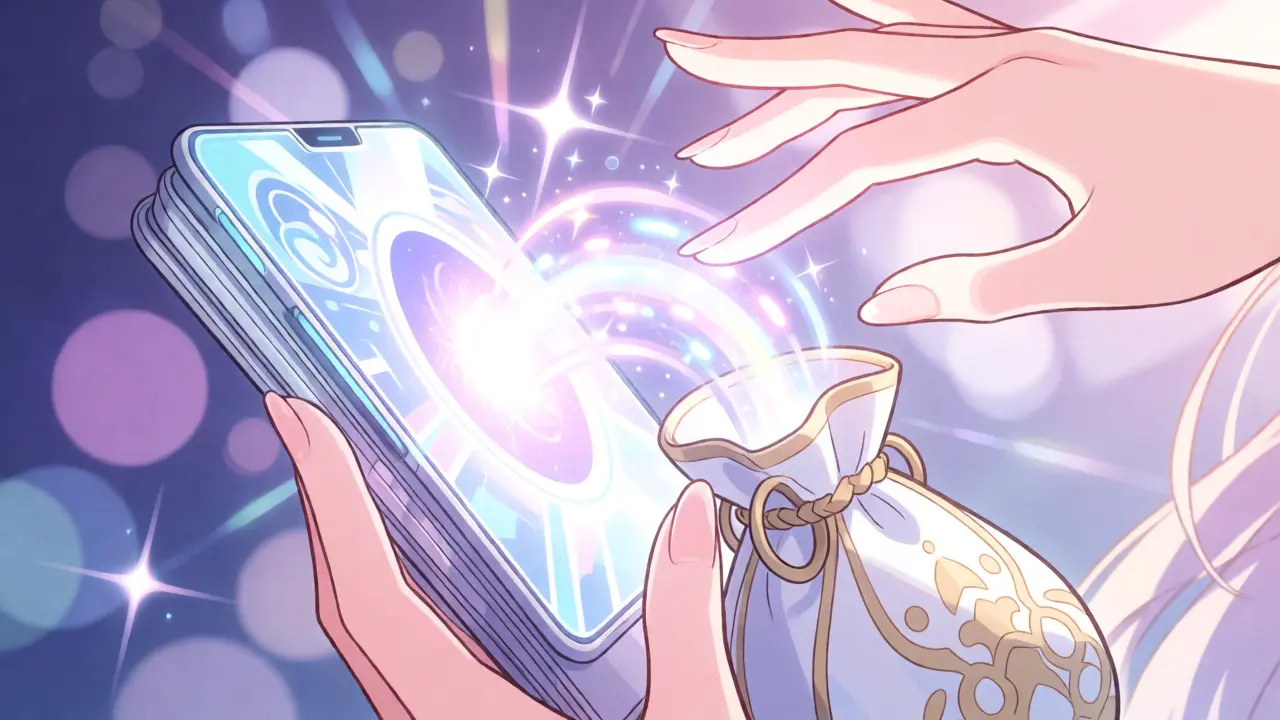 Close-up of hands claiming crypto tokens via a glowing digital portal