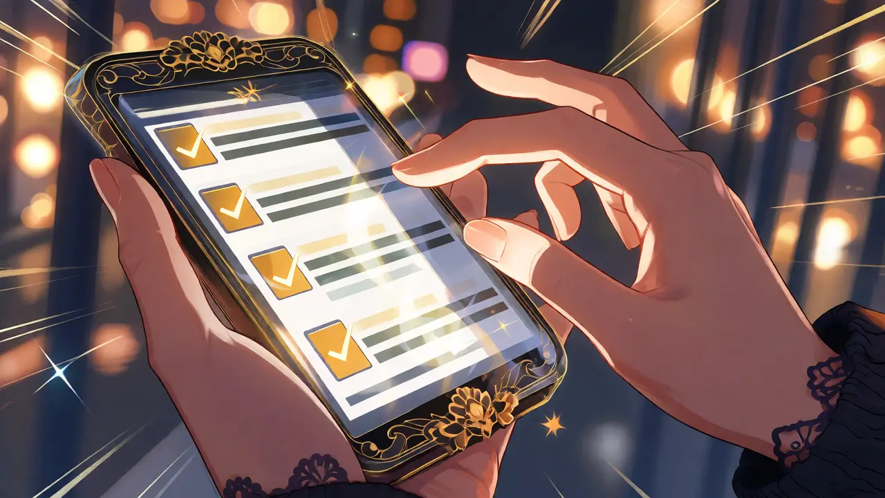 Close-up of hands tapping a holographic crypto task interface with sparkles.