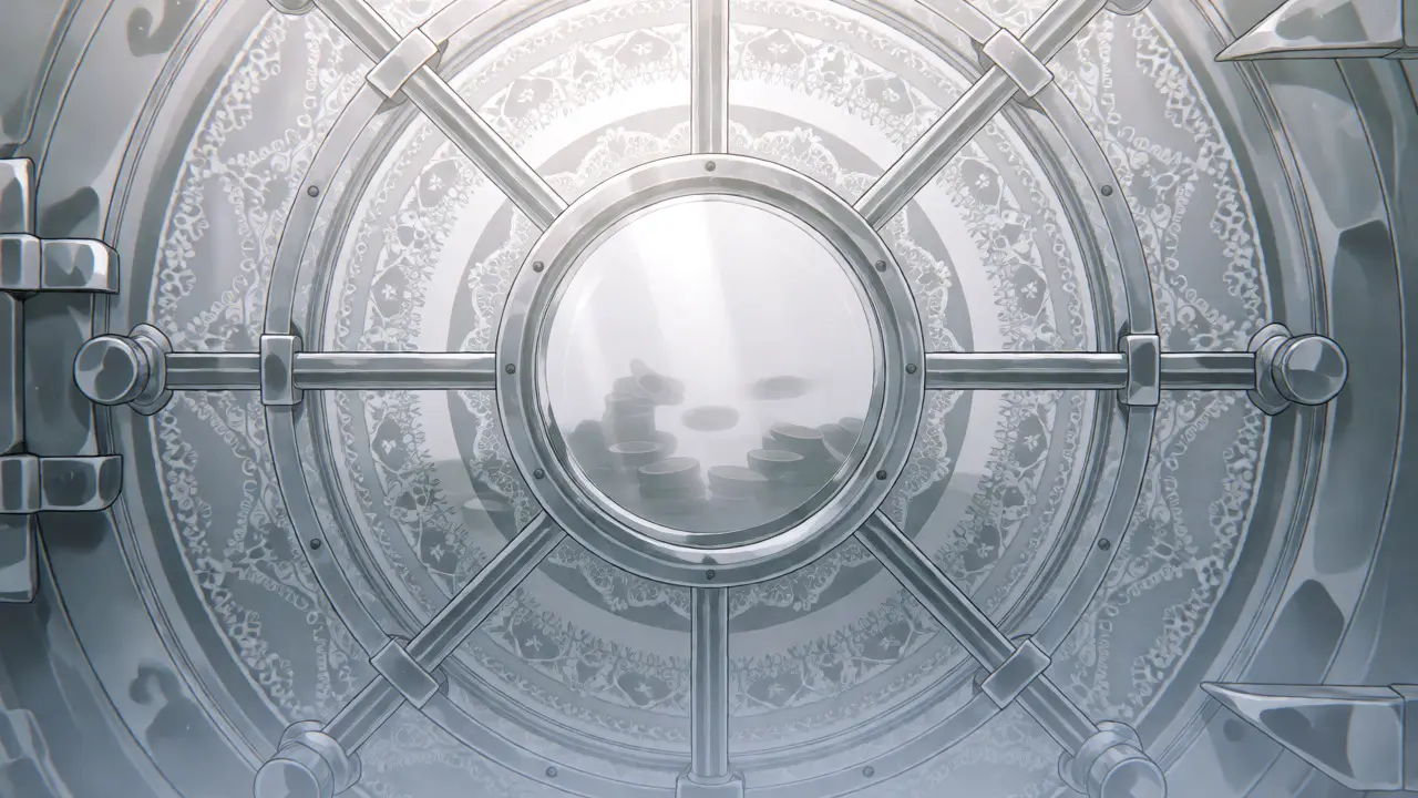 Crystal vault door with foggy interior and delicate lace patterns in shoujo manga style.