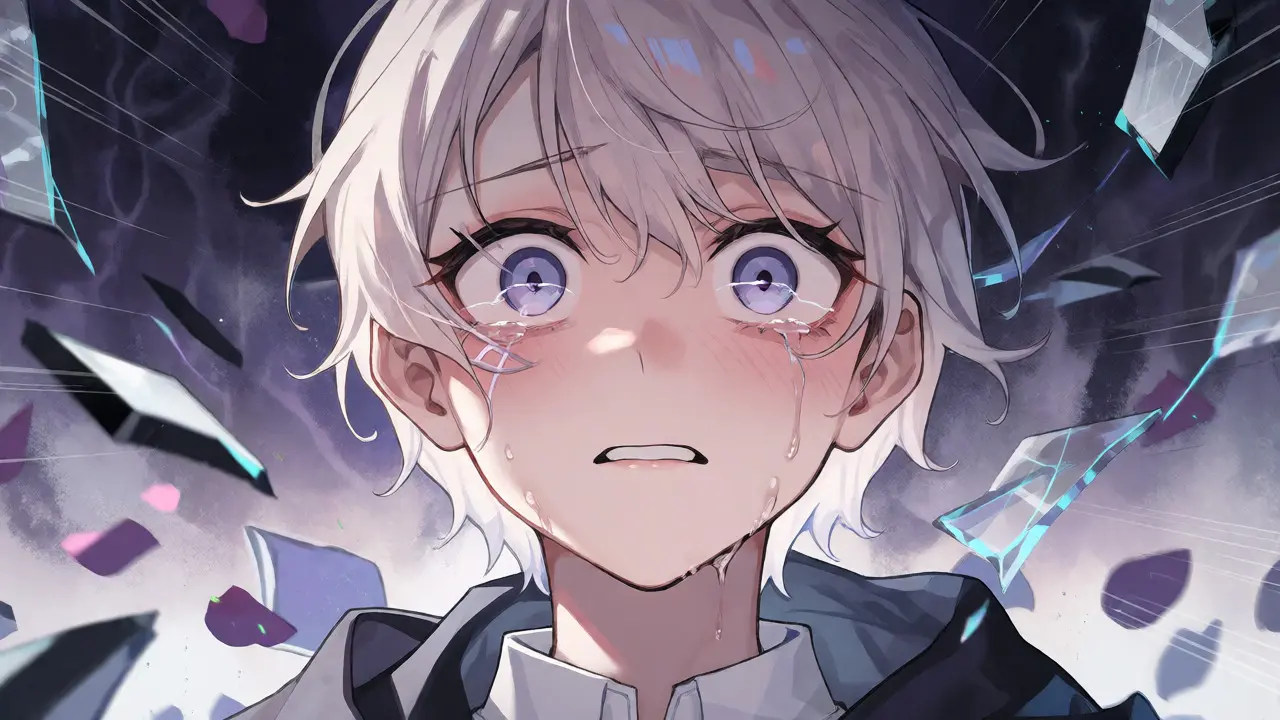 Distressed anime character surrounded by broken digital screens and falling petals