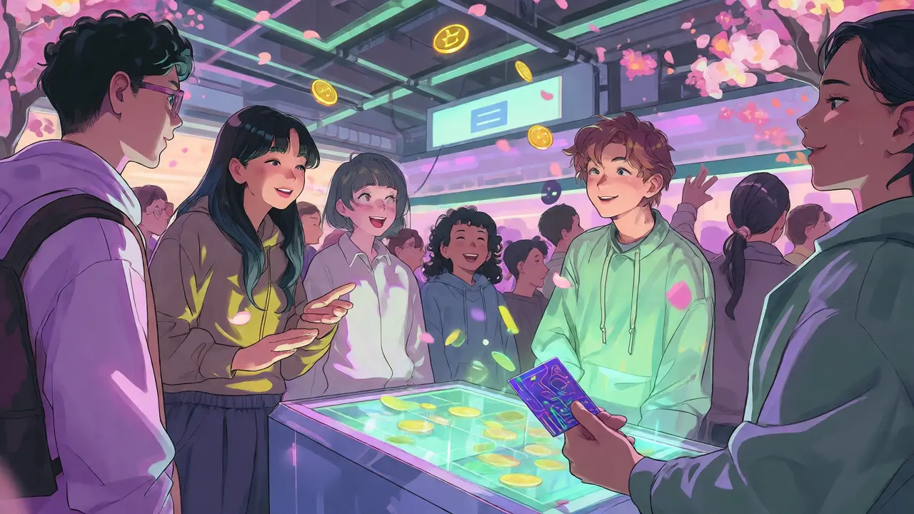 Diverse group of anime characters celebrating token drops in a colorful digital marketplace.