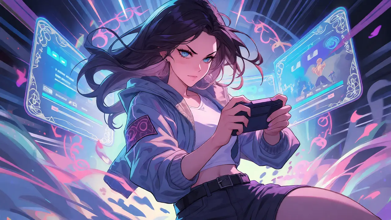 Dynamic anime character playing games with energy effects and screens