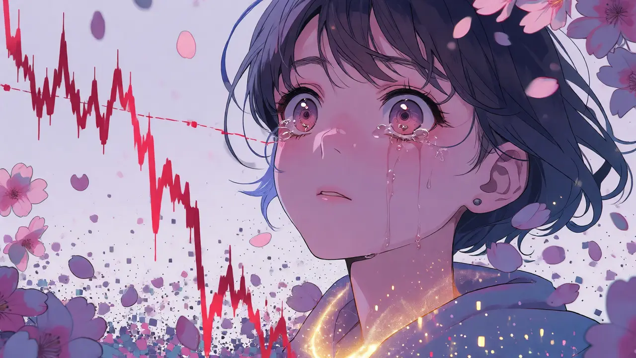 Emotional shoujo character reacting to a sharp crypto price drop with tears