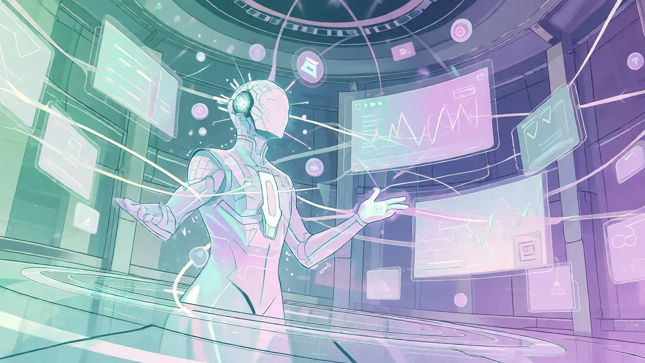 Ethereal AI figure analyzing multi-venue crypto markets in a secure digital space.