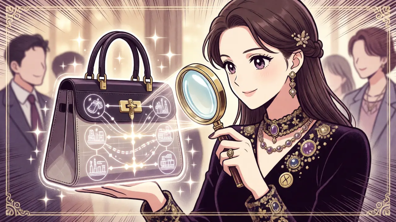 Fashionable woman verifying a luxury handbag's digital history via hologram.
