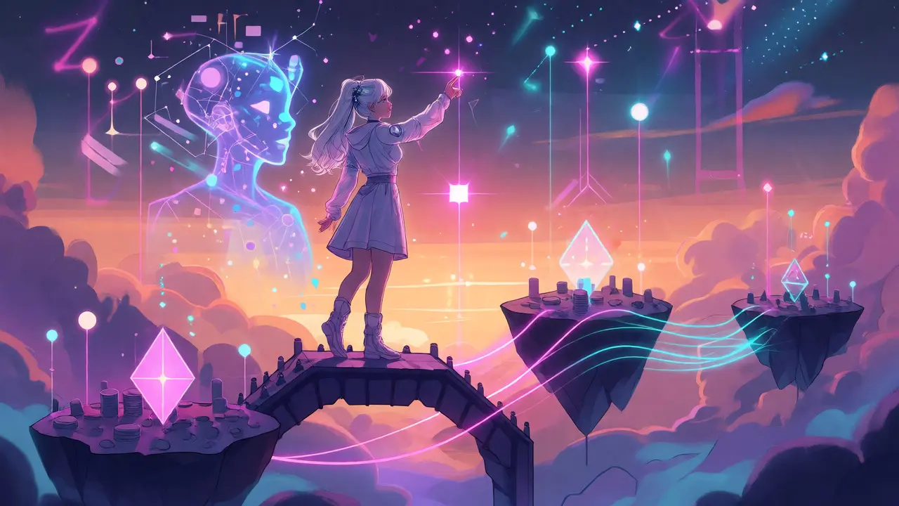 Futuristic anime heroine viewing cross-chain data bridges with AI spirit