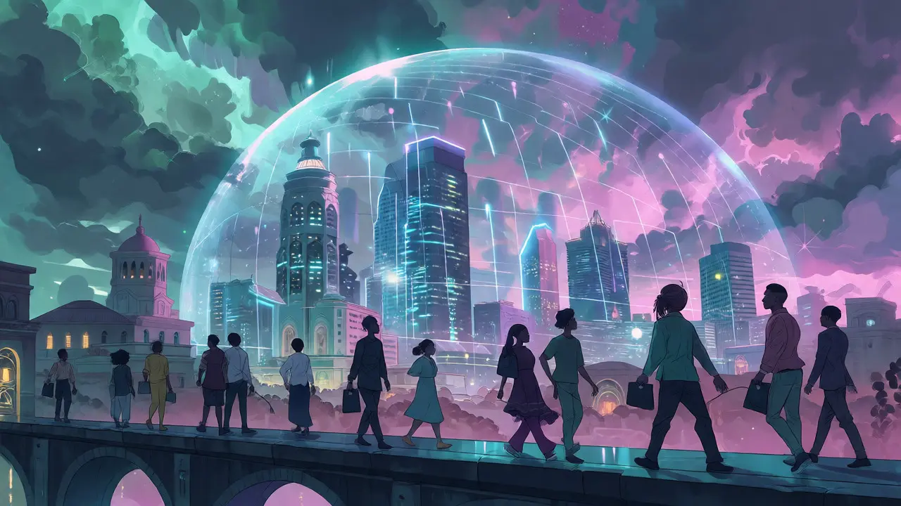 Futuristic Lagos skyline protected by a dome of secure digital transactions