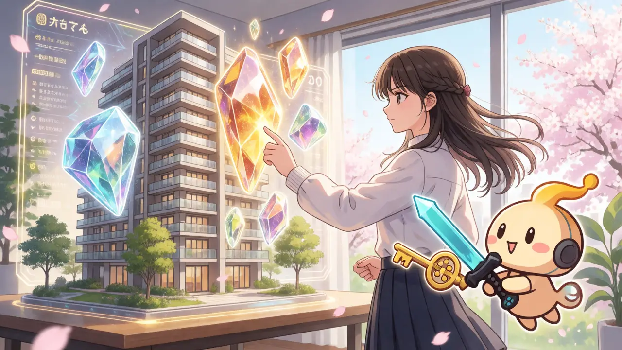 Girl interacting with holographic real estate shards and game items in anime style.