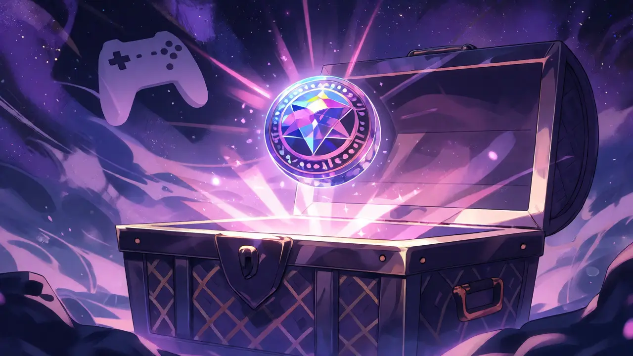 Glowing token orb above a chest in a starry anime sky