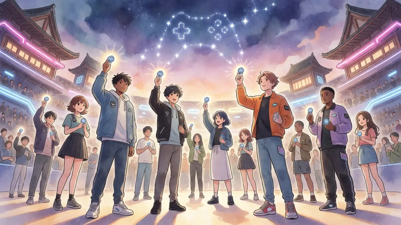Group of anime characters holding tokens in a futuristic esports arena