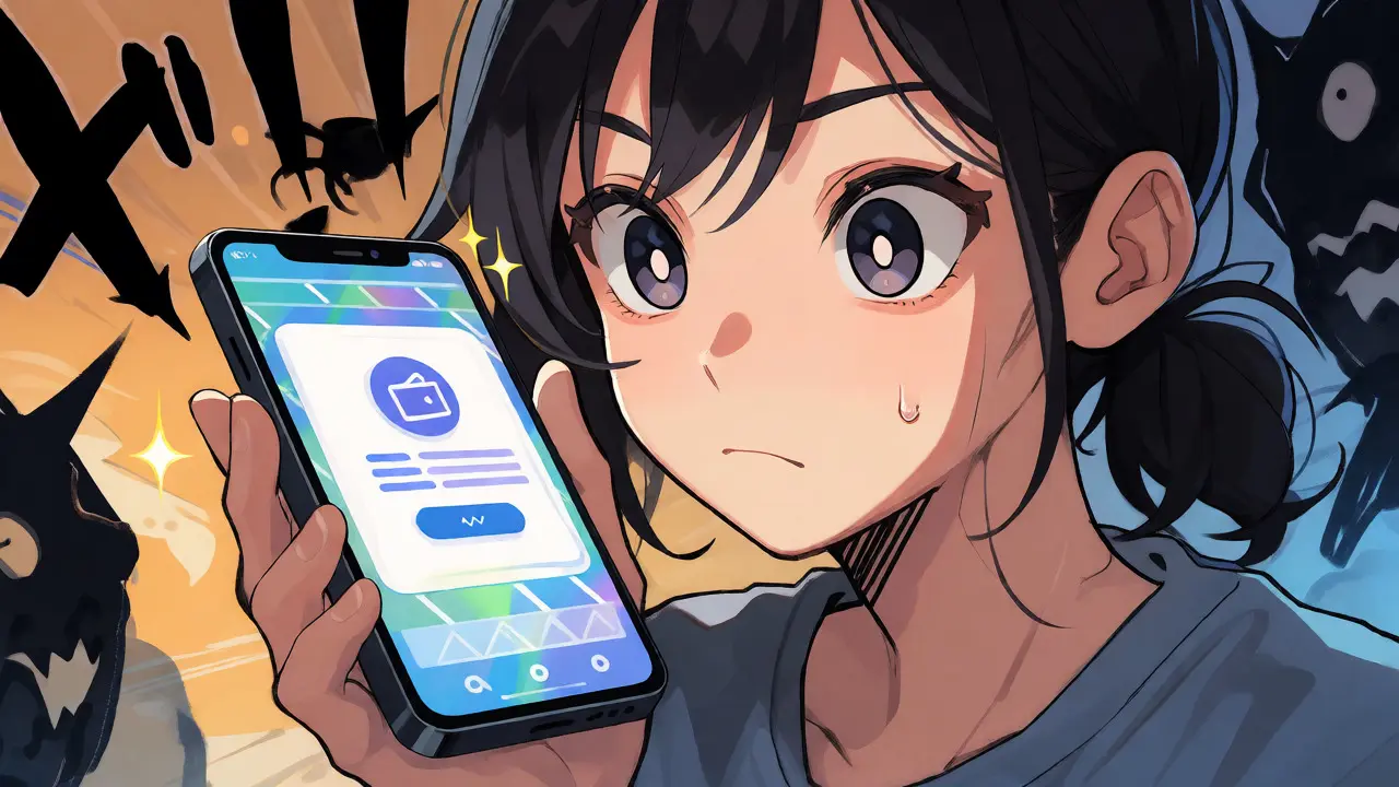 Manga character anxiously checking a wallet app on phone