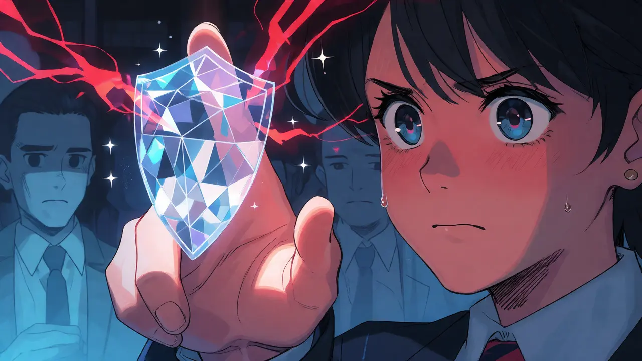 Manga character behind a crystal shield blocking red lightning strikes.