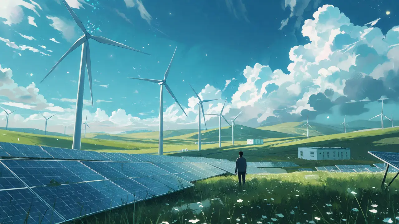 Manga style wind farms powering sustainable crypto mining in steppe