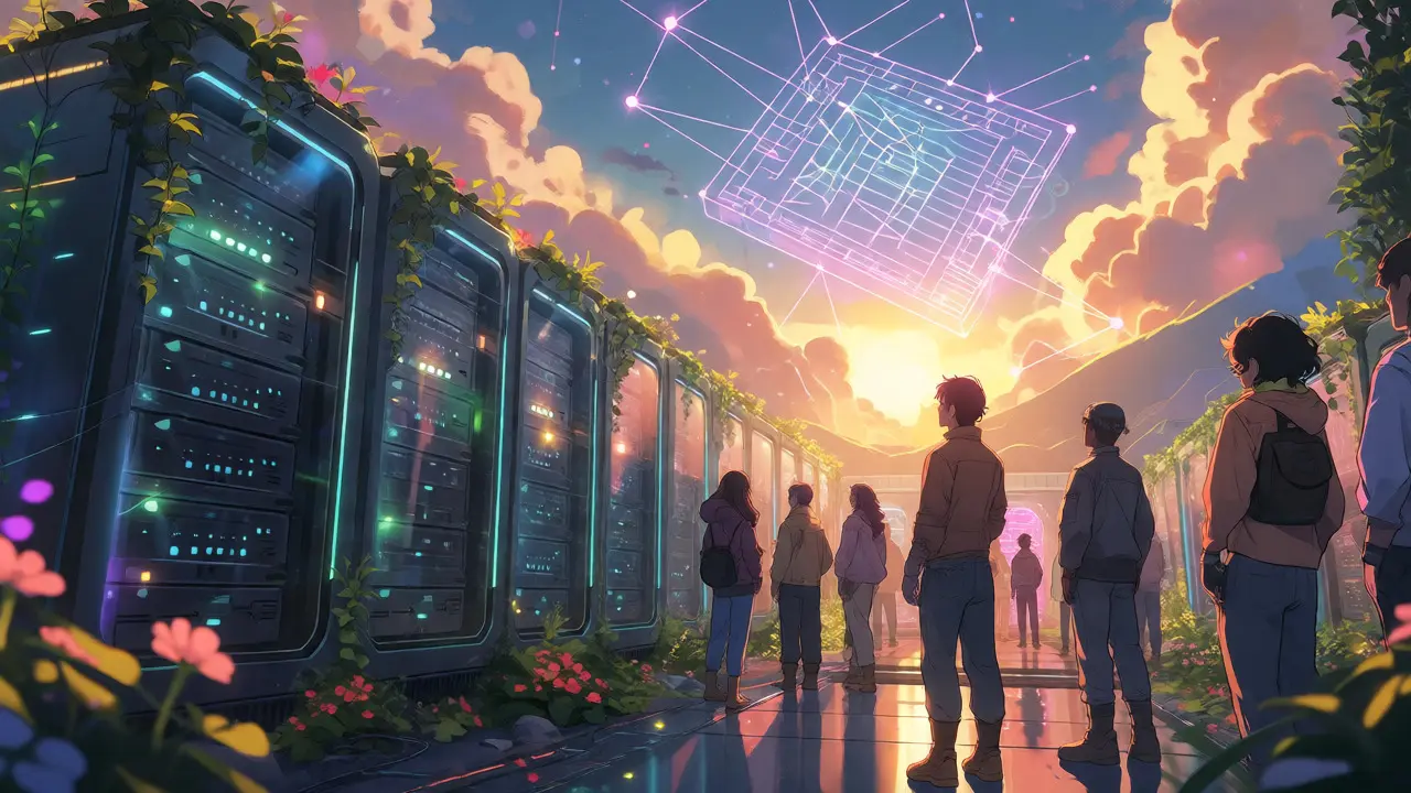 Miners viewing a glowing blockchain constellation above a tech-farm