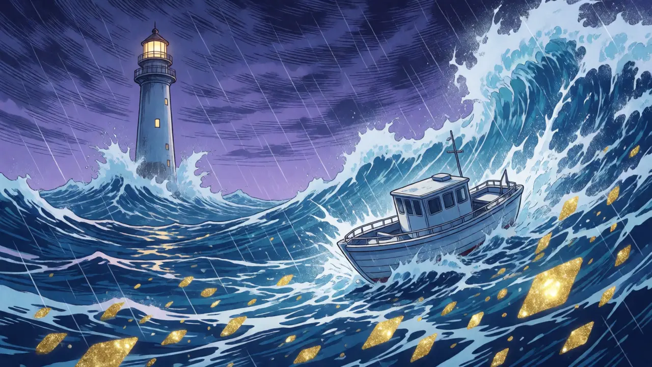Small boat battling stormy seas with floating gold fragments in a dramatic shoujo illustration.