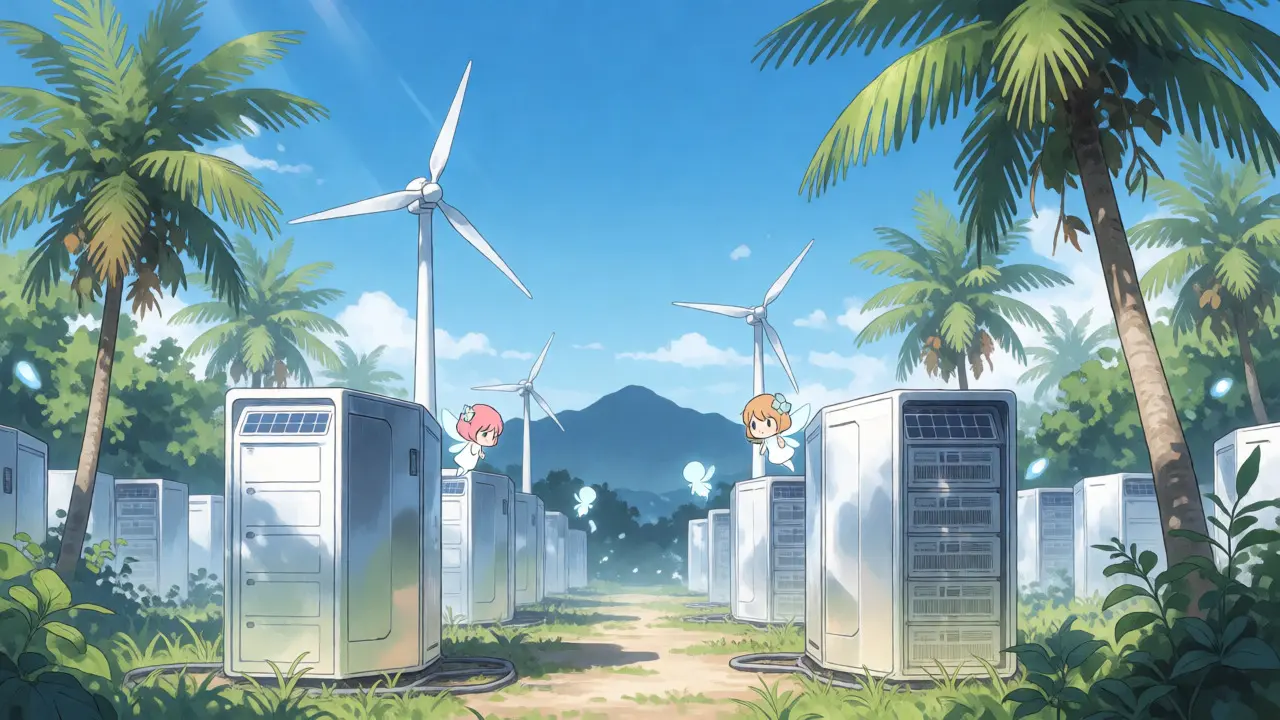 Solar-powered crypto mining farm in lush Cuban landscape
