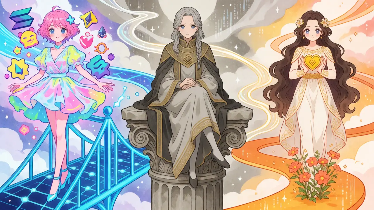Three anime characters representing Solana, Ethereum, and BSC Harold tokens