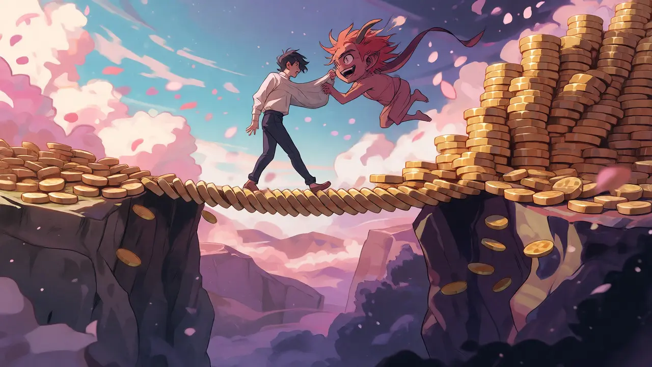 Trader on a swaying coin bridge over an abyss with a small demon.