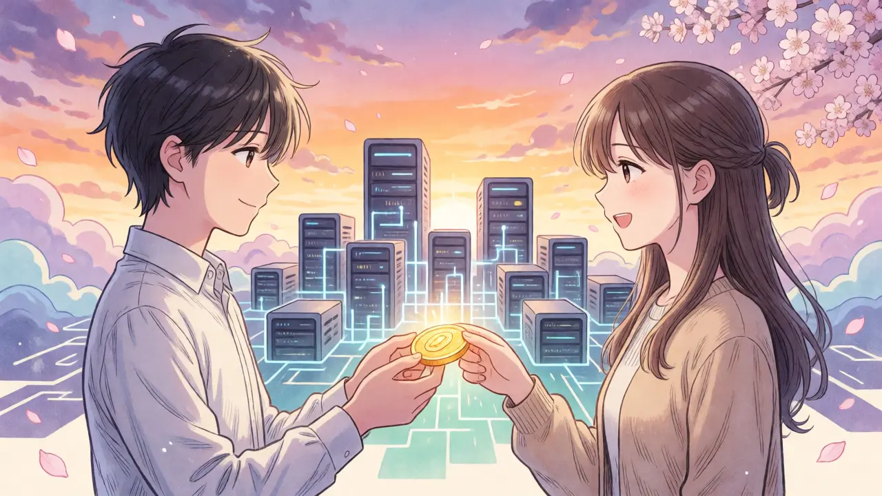 Two characters exchanging golden ANT token