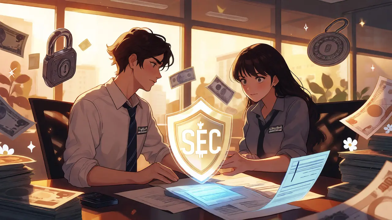 Two operators reviewing capital requirements under a glowing shield in anime style