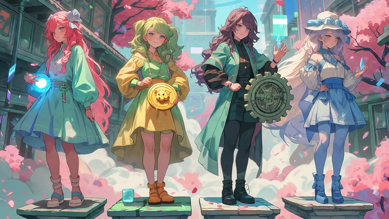 Four anime characters representing different POM crypto projects