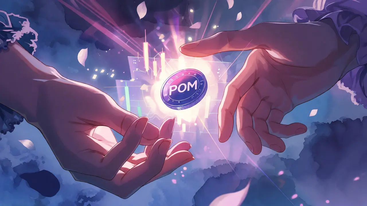 Hands reaching for a glowing POM coin amid falling petals